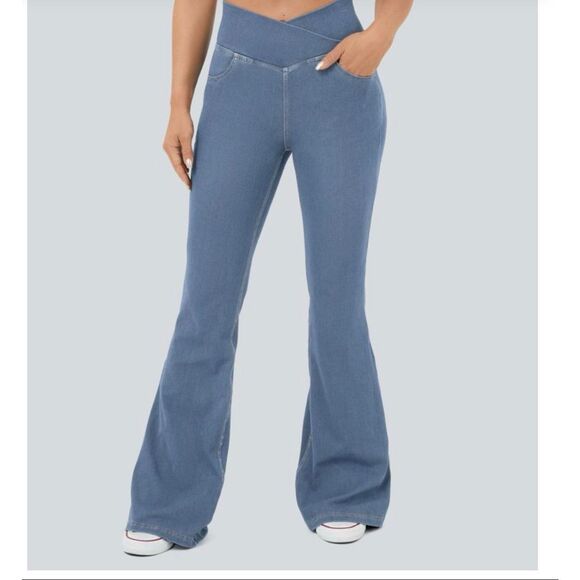 Halara Flex Large high waisted crossover pocket lightweight flare jeans leggings - Picture 1 of 5